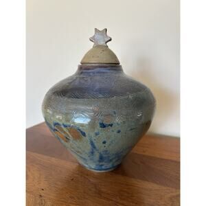 Studio Pottery Lidded Jar with Star Finial, Earth Tone & Blue Glaze